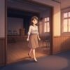 Cute educational anime-style illustration showing a person taking action at the threshold of a challenge, expressing "Act with purpose" in a clear everyday scene.