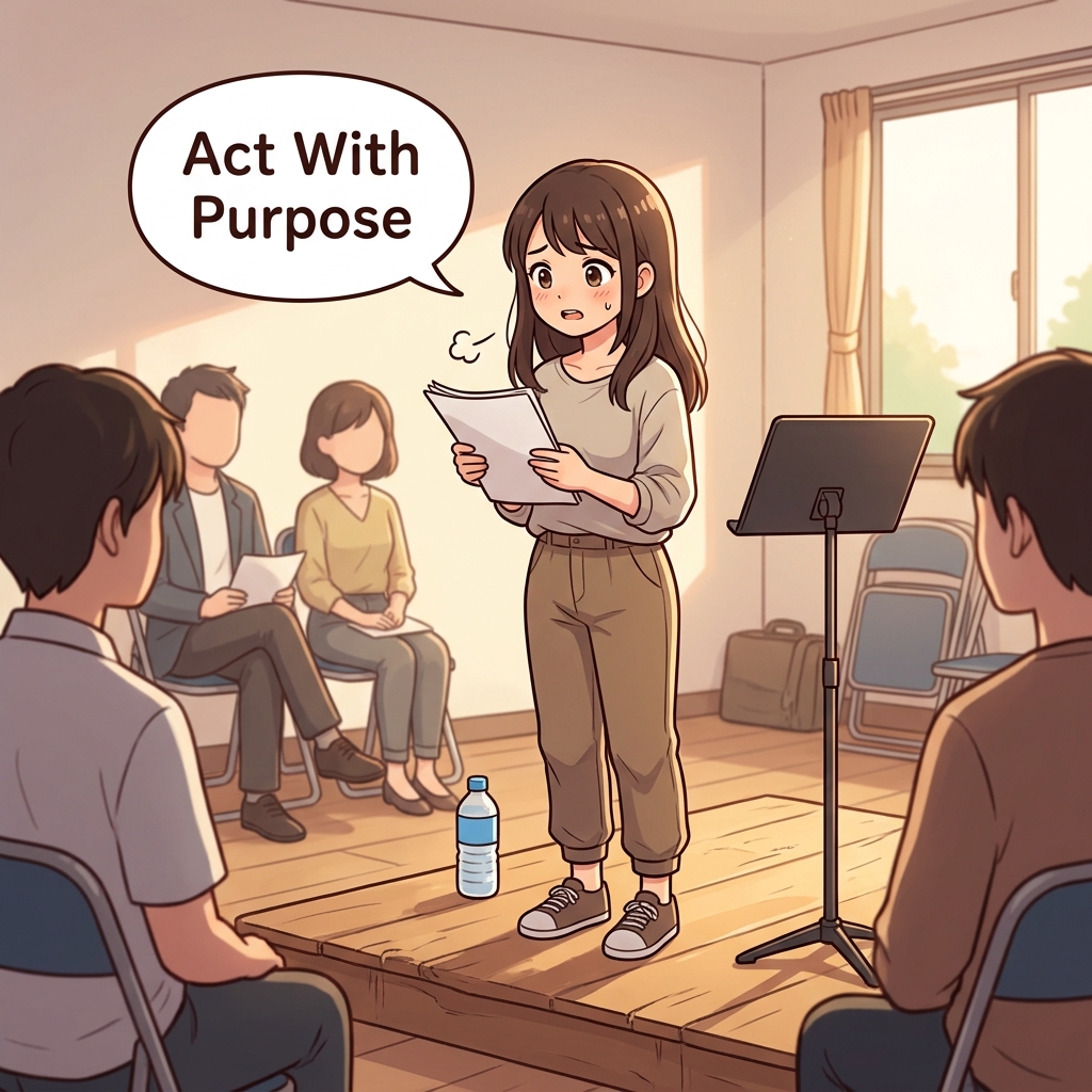 Cute educational anime-style illustration showing a performer challenging themselves in a real-life moment, expressing "Act with purpose" in a clear everyday scene.