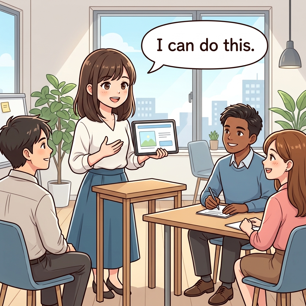 Cute educational anime-style illustration expressing "Believe in yourself" in a clear everyday scene.
