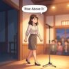 Cute educational anime-style illustration showing a person taking action at the threshold of a challenge, expressing "Rise above it" in a clear everyday scene.