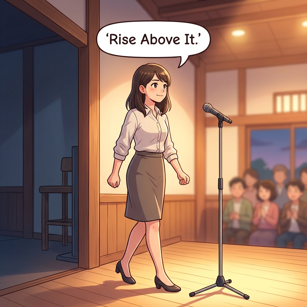 Cute educational anime-style illustration showing a person taking action at the threshold of a challenge, expressing "Rise above it" in a clear everyday scene.
