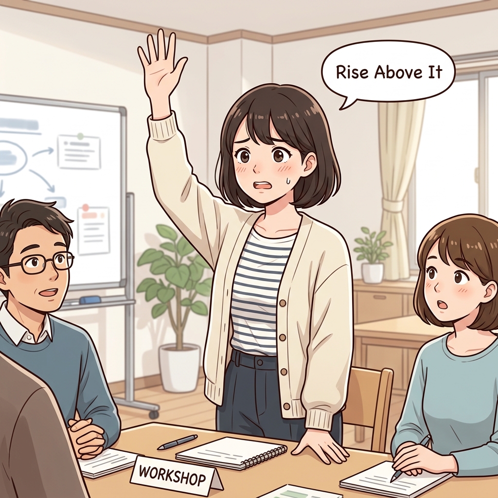 Cute educational anime-style illustration showing a person applying courage by taking the first action, expressing "Rise above it" in a clear everyday scene.
