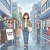 Cute educational anime-style illustration showing a person choosing brave action in a visible moment, expressing "Break your limits" in a clear everyday scene.