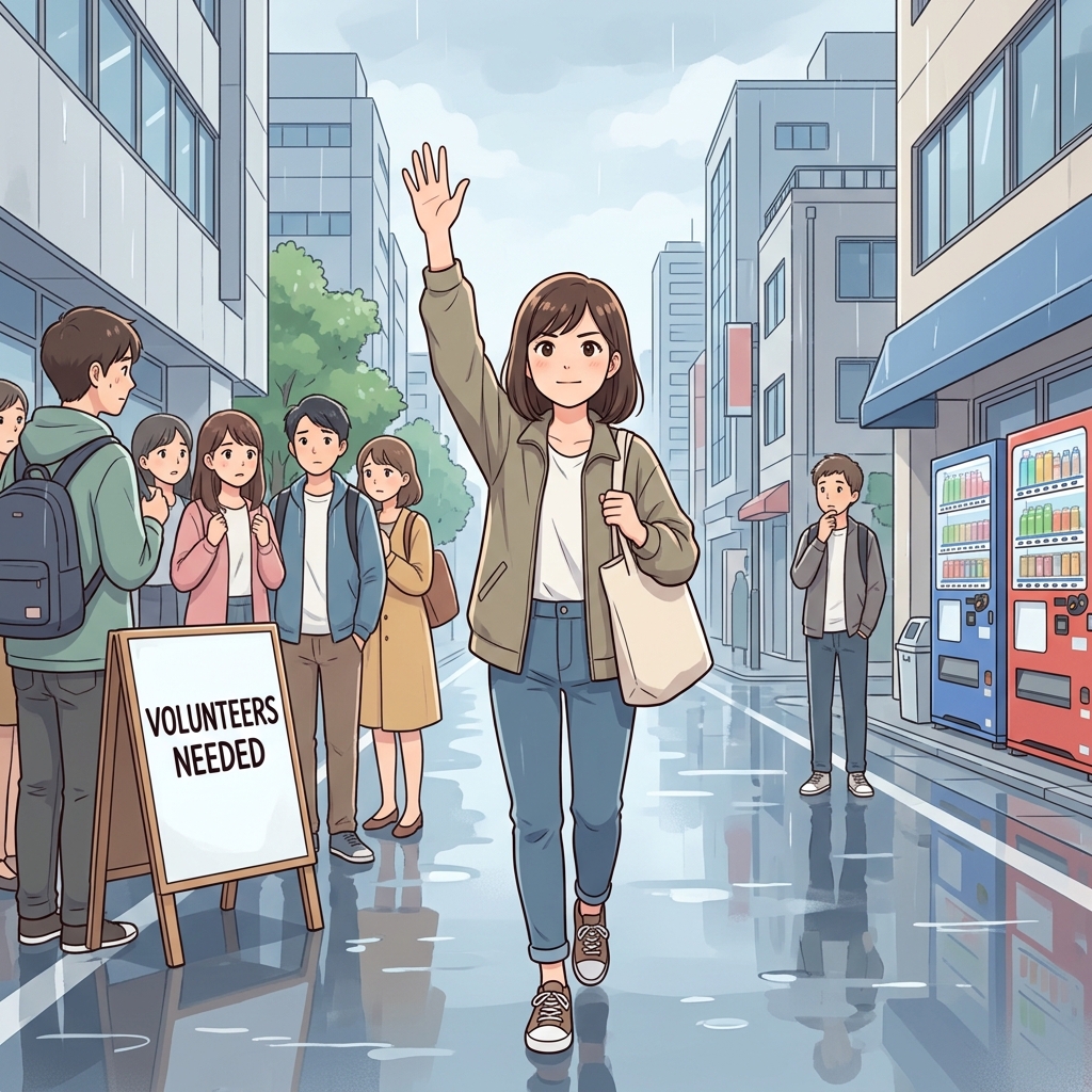 Cute educational anime-style illustration showing a person choosing brave action in a visible moment, expressing "Break your limits" in a clear everyday scene.