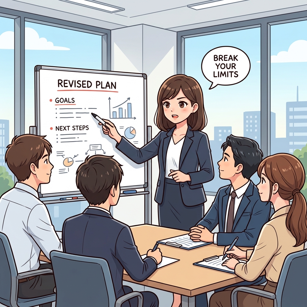 Cute educational anime-style illustration expressing "Break your limits" in a clear everyday scene.