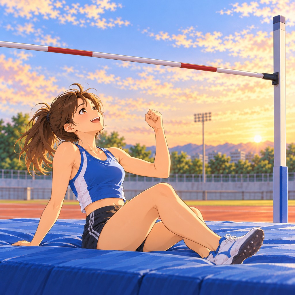A high jumper sitting on the landing mat with a raised fist, smiling up at the bar she has just cleared.