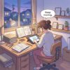 Cute educational anime-style illustration expressing "Keep moving forward" in a clear everyday scene.
