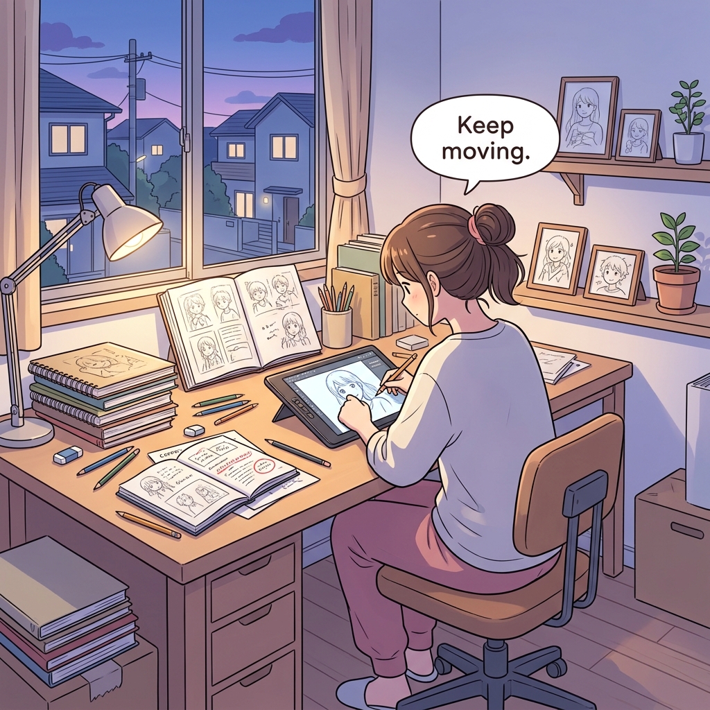 Cute educational anime-style illustration expressing "Keep moving forward" in a clear everyday scene.