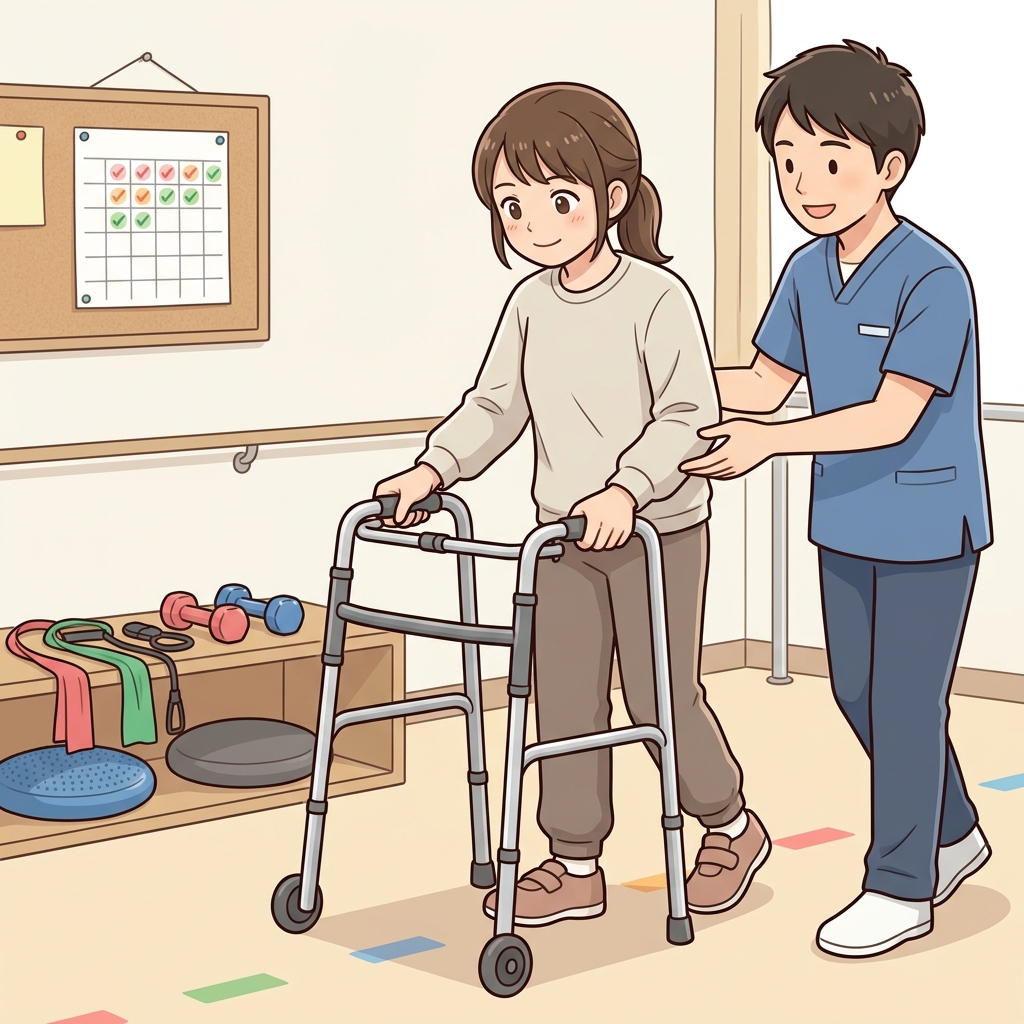 Cute educational anime-style illustration expressing "Keep moving forward" in a clear everyday scene.
