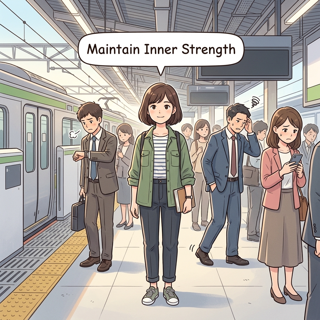 Cute educational anime-style illustration showing a person staying calm in an everyday delay, expressing "Maintain inner strength" in a clear everyday scene.