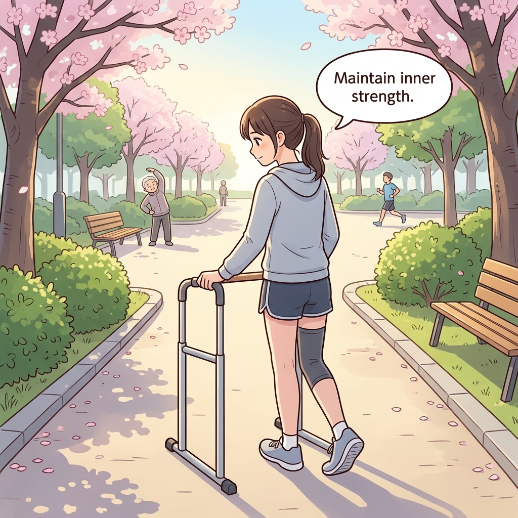 Cute educational anime-style illustration expressing "Maintain inner strength" in a clear everyday scene.