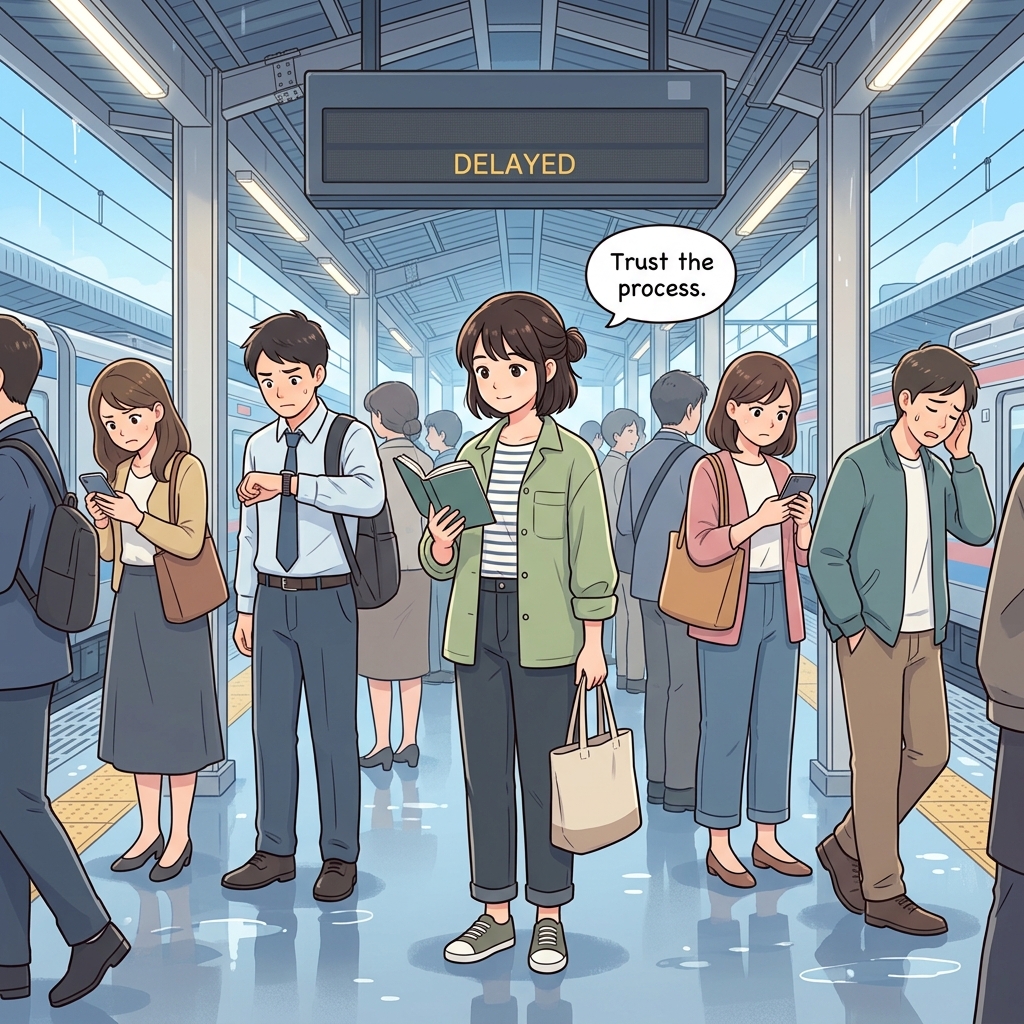 Cute educational anime-style illustration expressing "Trust the process" in a clear everyday scene.