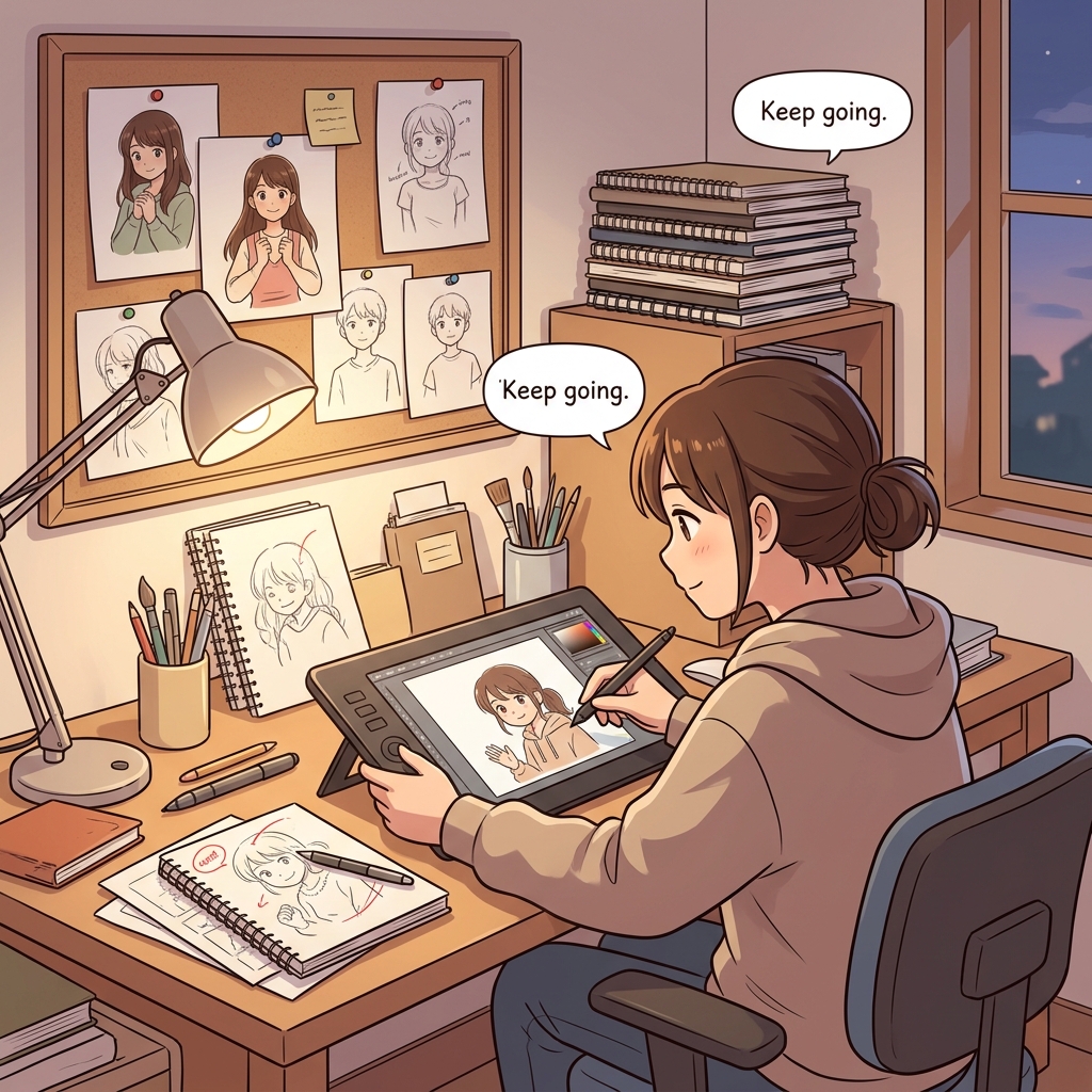 Cute educational anime-style illustration expressing "Keep going" in a clear everyday scene.