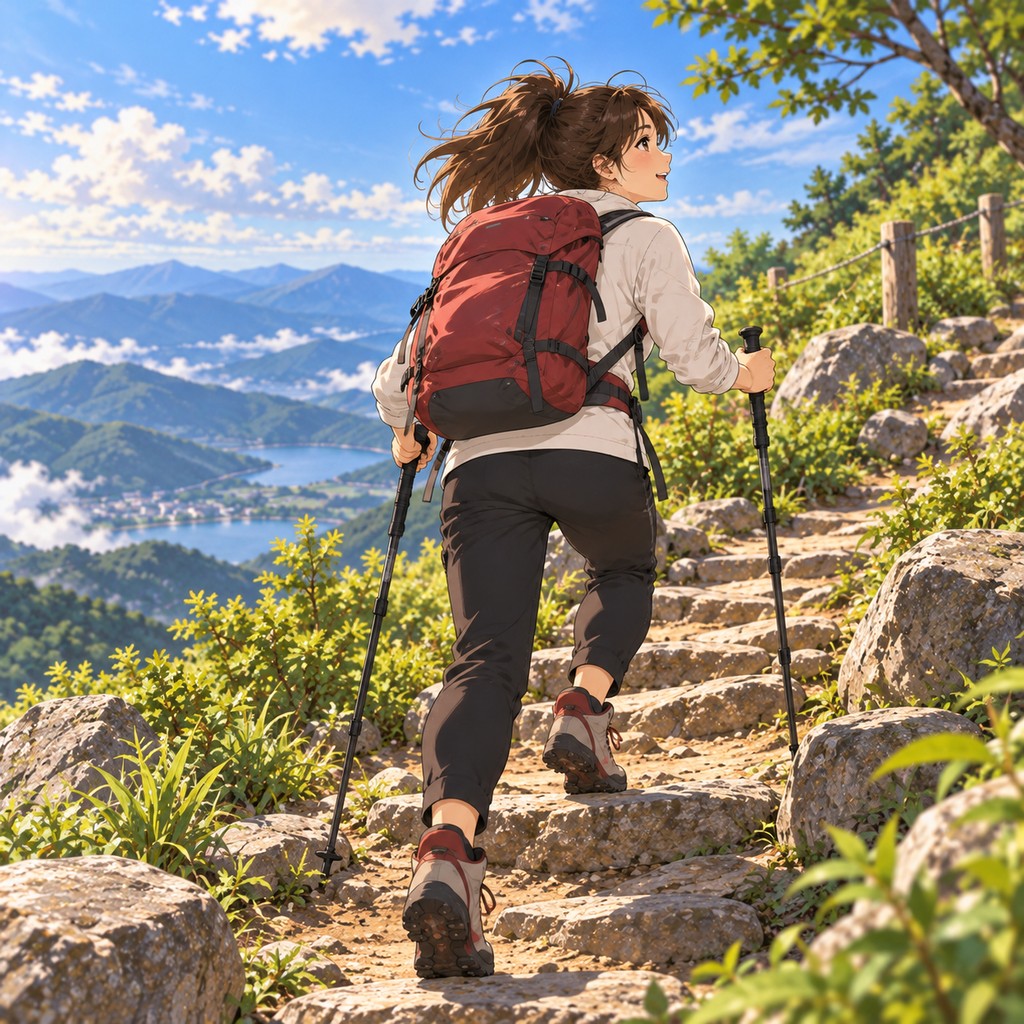 A hiker with a backpack and trekking poles climbing a rocky mountain trail that continues up the slope ahead.