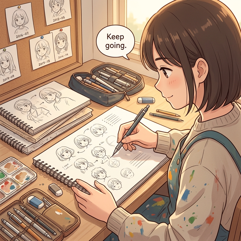 Cute educational anime-style illustration expressing "Keep going" in a clear everyday scene.