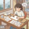 Cute educational anime-style illustration expressing "Never give up" in a clear everyday scene.