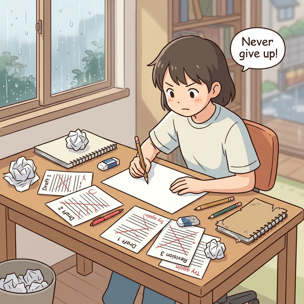 Cute educational anime-style illustration expressing "Never give up" in a clear everyday scene.