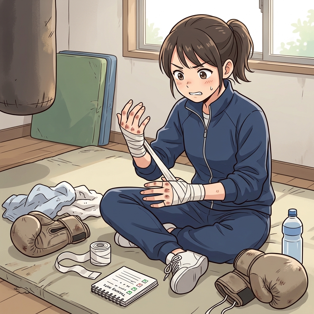 Cute educational anime-style illustration expressing "Never give up" in a clear everyday scene.
