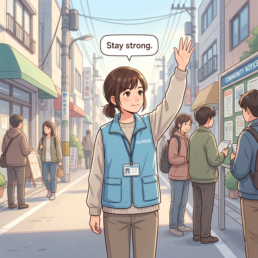 Cute educational anime-style illustration expressing "Stay strong" in a clear everyday scene.