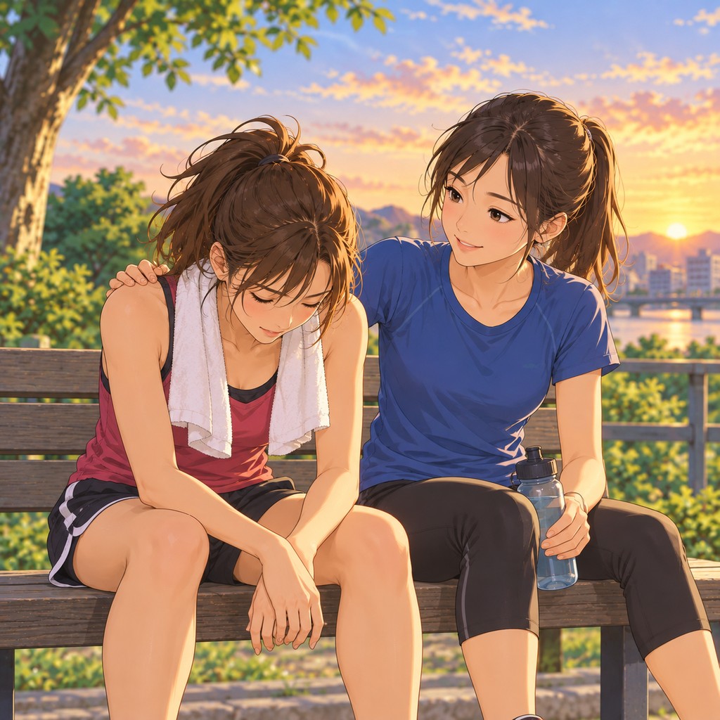 A friend sitting beside a tired runner on a park bench, resting a hand on her shoulder.