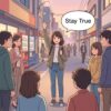 Cute educational anime-style illustration showing a person choosing brave action in a visible moment, expressing "Stay true" in a clear everyday scene.