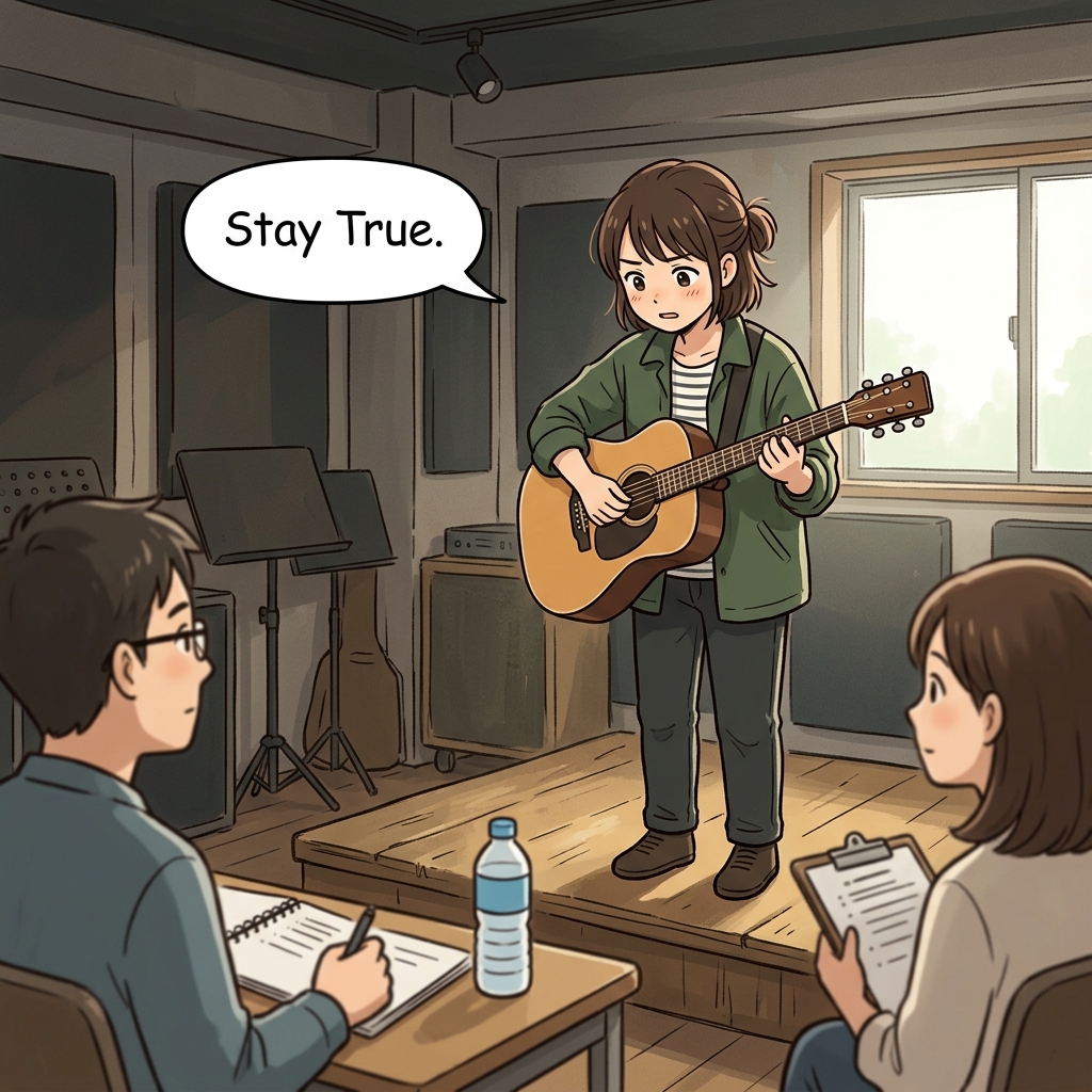 Cute educational anime-style illustration showing a performer challenging themselves in a real-life moment, expressing "Stay true" in a clear everyday scene.