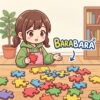 A girl looks at puzzle pieces scattered all over a table, barabara (ばらばら)