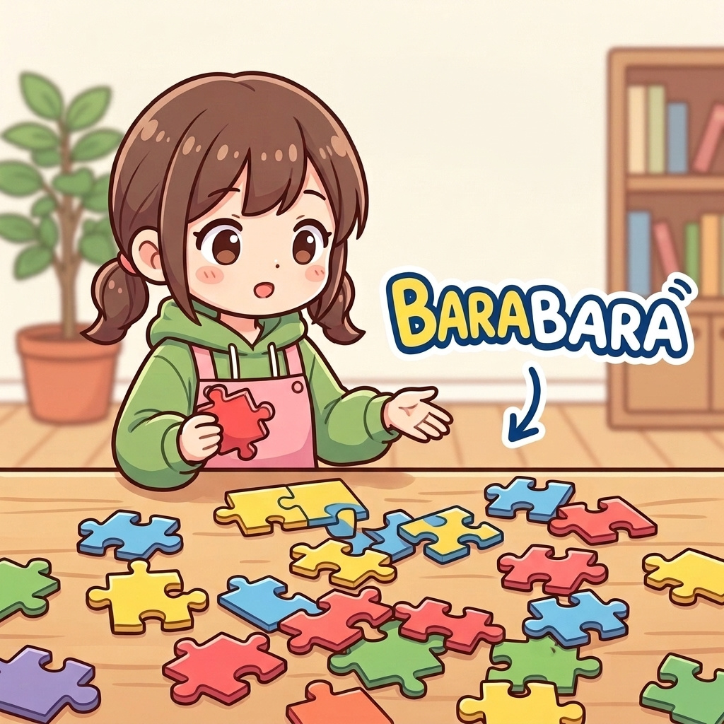 A girl looks at puzzle pieces scattered all over a table, barabara (ばらばら)