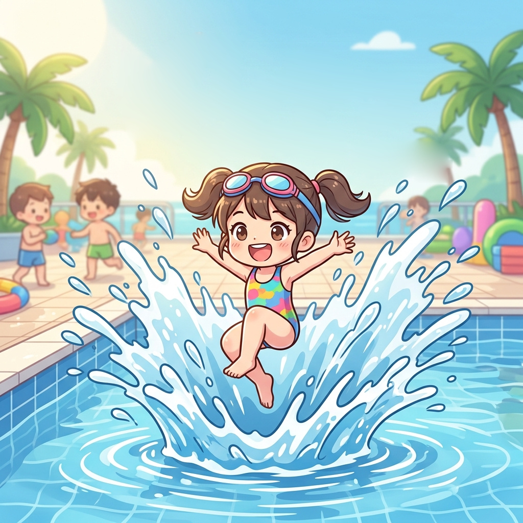 A girl in goggles jumps into a pool, sending up a big splash of water, a bashatto (ばしゃっと) moment