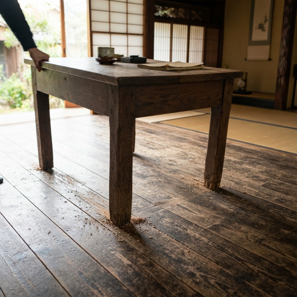 A heavy wooden desk being dragged across a wooden floor, the scraping scene described by the Japanese sound word gaa