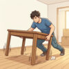 A young man pushes a heavy wooden desk across a wooden floor on moving day, its legs scraping with a loud gaa (がーっ)