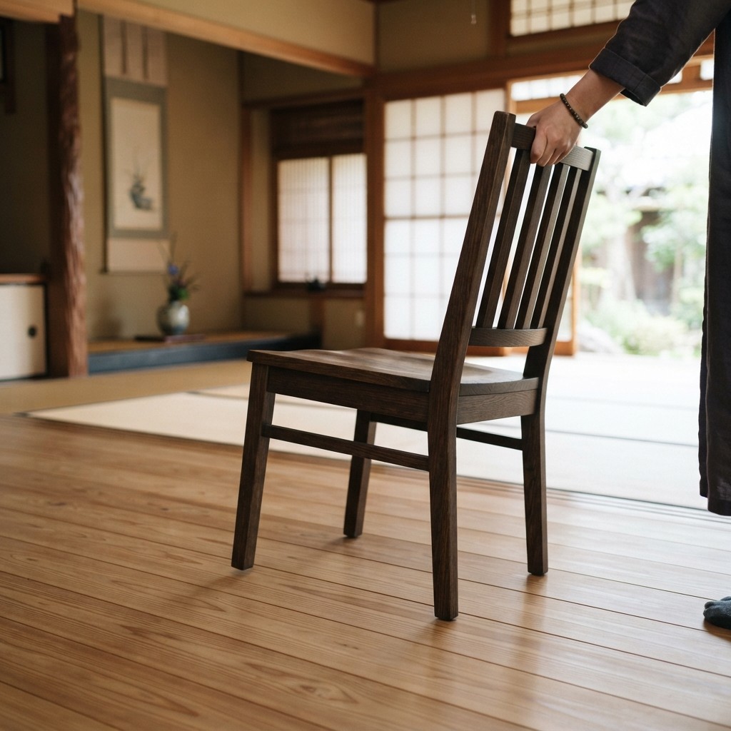 A hand pulling a wooden chair across a wooden floor, an everyday scene for the scraping sound gaa