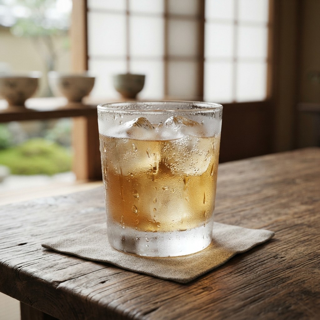 A glass of ice-cold drink covered in frost and condensation, illustrating kinkin ni hieta (chilled until ice-cold)
