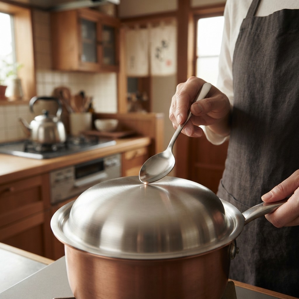 A metal spoon tapping a metal pot lid with a shrill, high-pitched ringing sound, the metallic sound described by kinkin