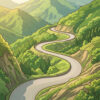 A narrow mountain road winds back and forth in repeated curves through green forested hills, kunekune (くねくね)