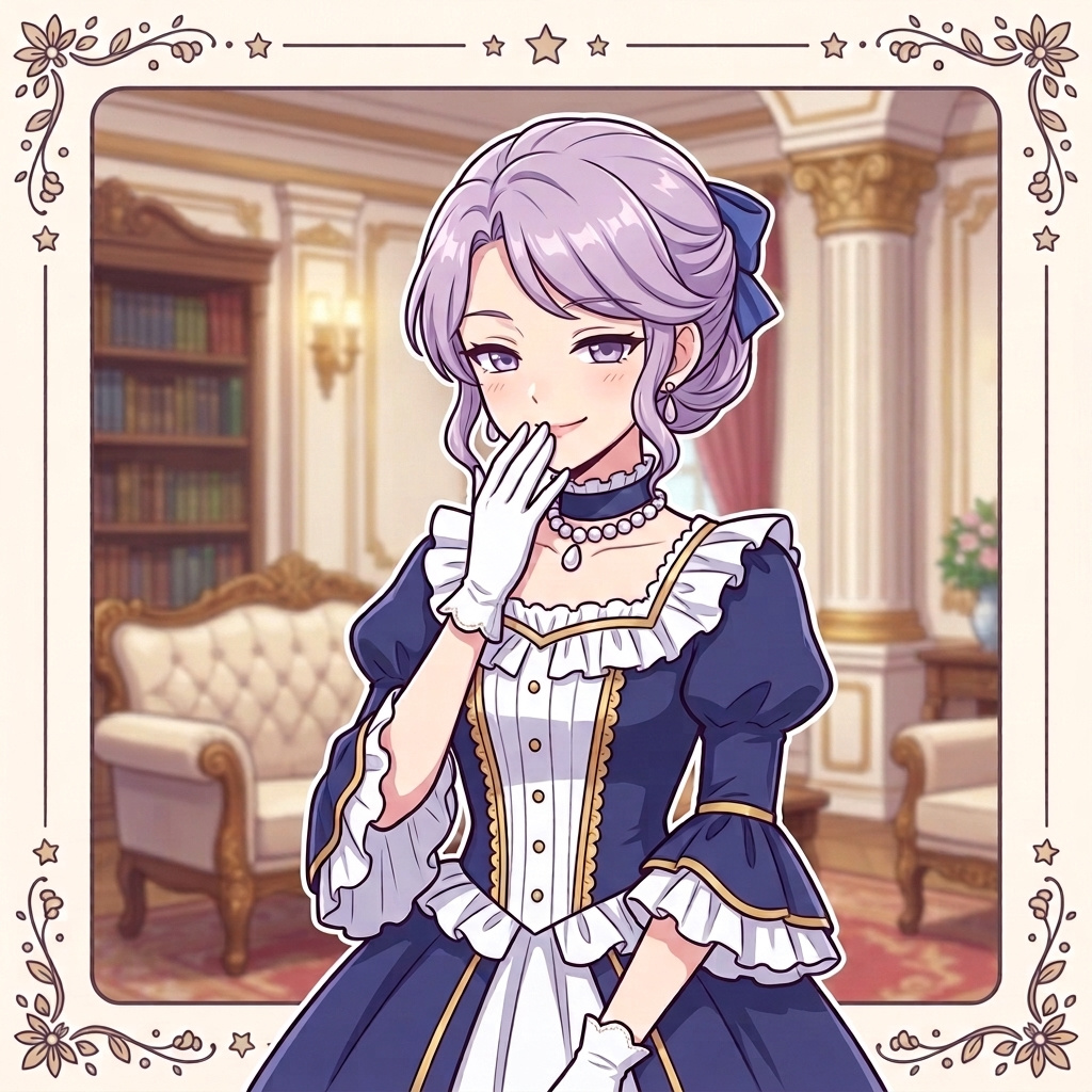 An elegant woman in a formal gown laughs behind a gloved hand in a luxurious room, an ohoho (おほほ) laugh