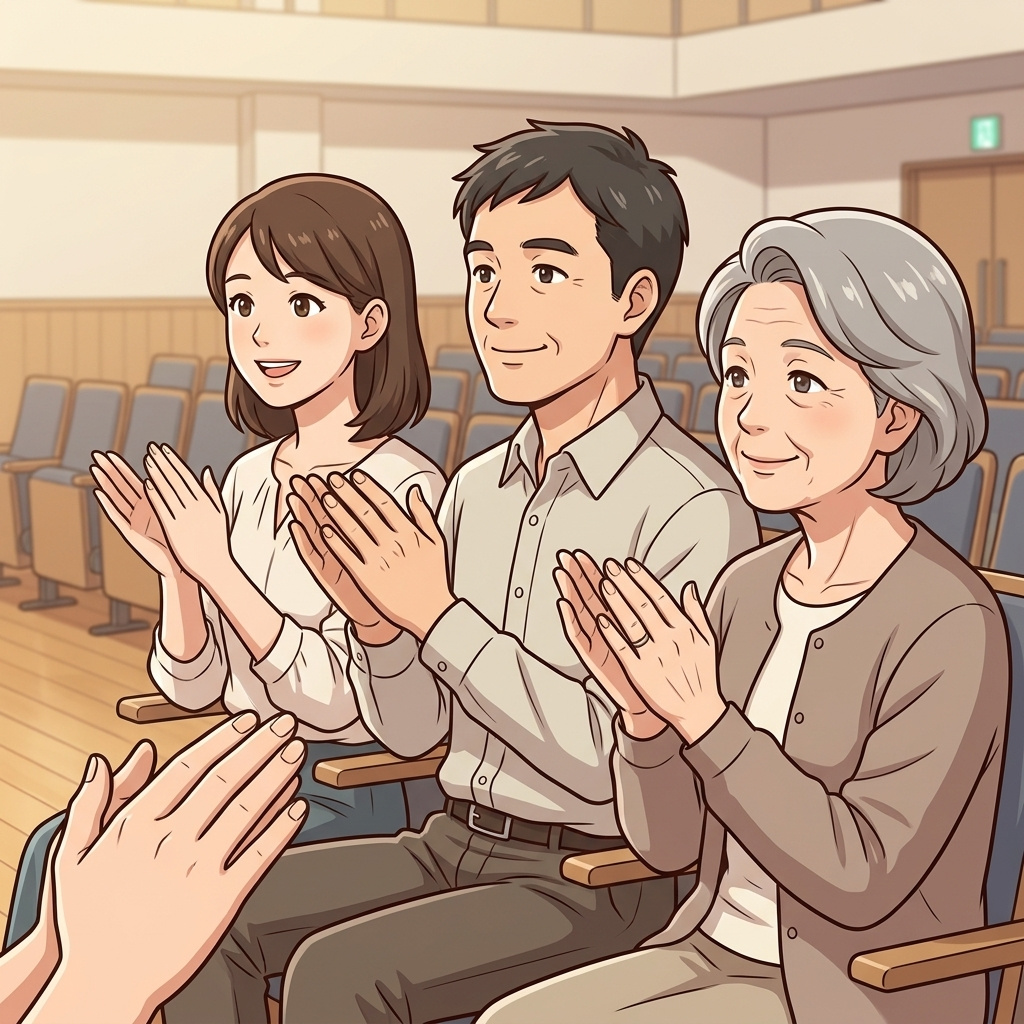 Three adults in a hall clap their hands lightly and steadily, giving gentle applause