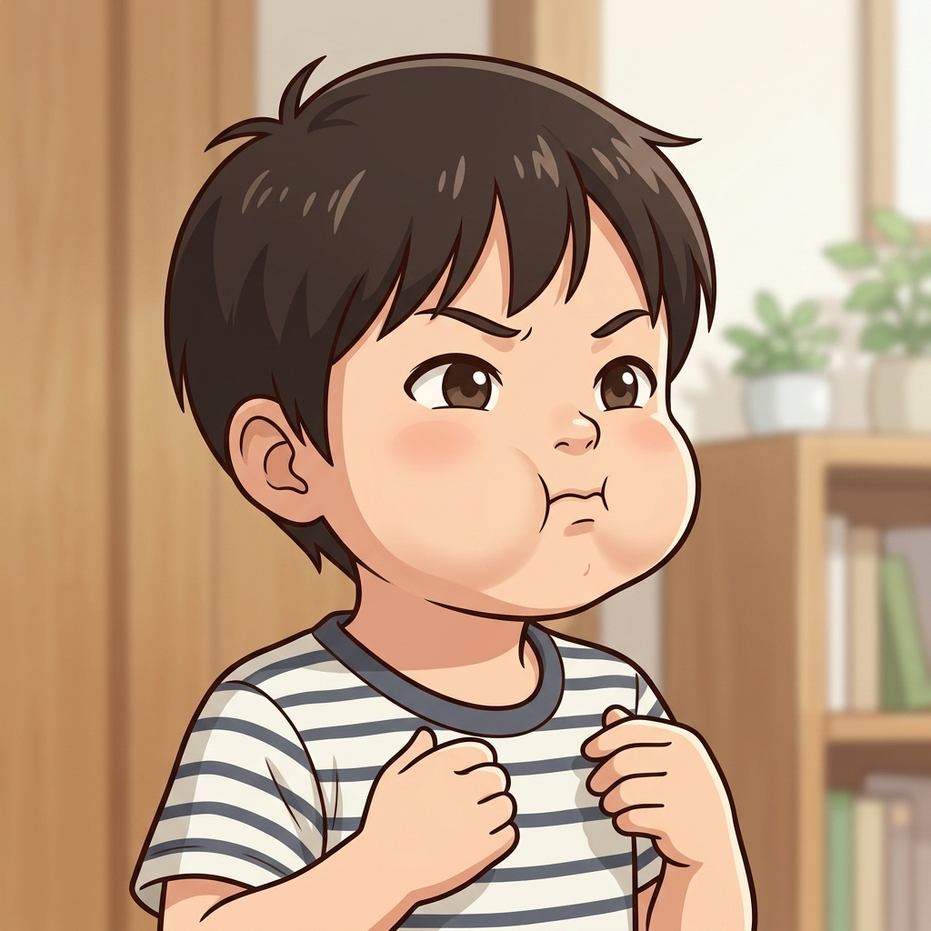 A boy puffs up his cheeks in a sulk with his fists held to his chest, a putto (ぷっと) pout