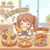 A girl bites into light tempura and crackers at a table of crispy snacks, a sakusaku (さくさく) crunch