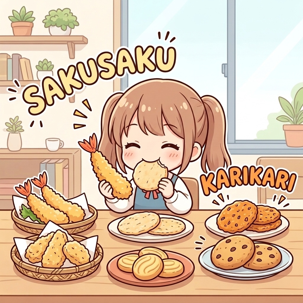 A girl bites into light tempura and crackers at a table of crispy snacks, a sakusaku (さくさく) crunch