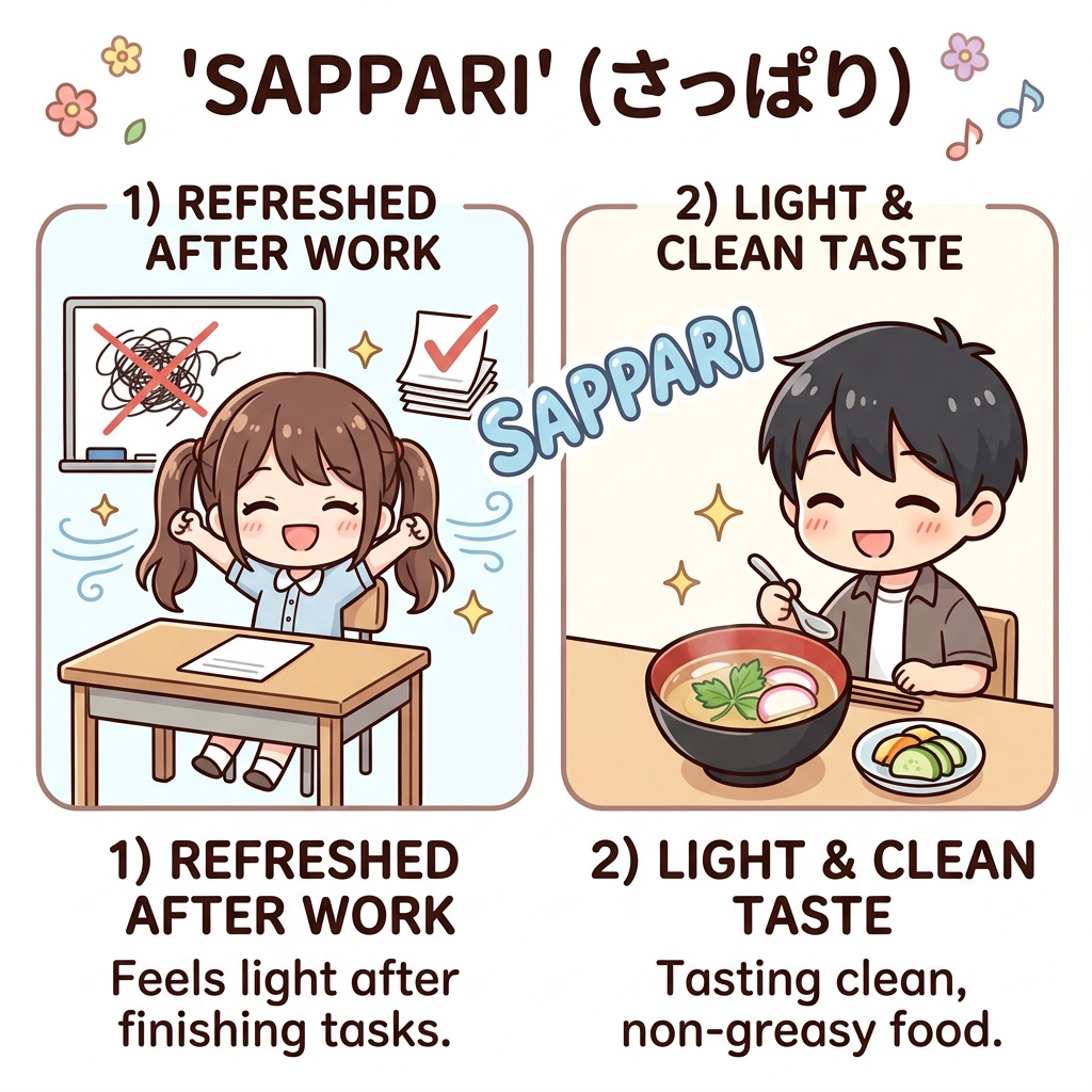Two scenes for さっぱり (sappari): a girl stretching happily after finishing work, and a boy enjoying a light, clear soup