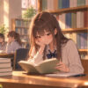 Illustration: a student happily reads alone at a sunny library table, enjoying quiet time with her book