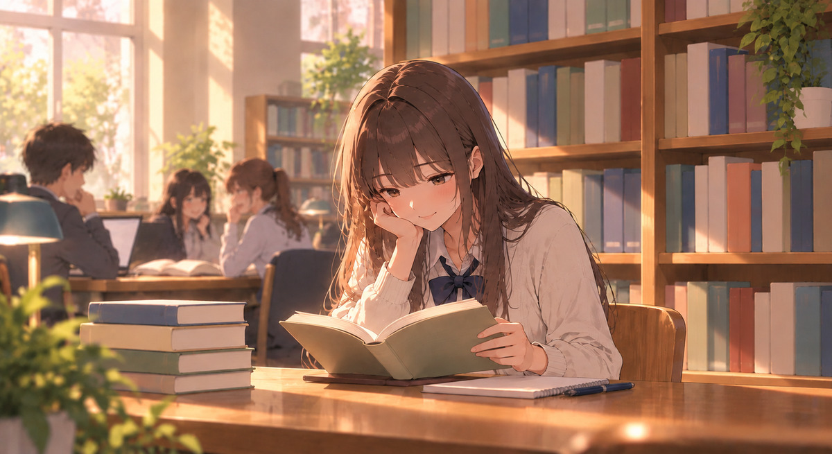 Illustration: a student happily reads alone at a sunny library table, enjoying quiet time with her book