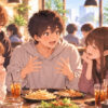 Illustration: friends talk excitedly over food and drinks at a café, the kind of relaxed conversation where まじ fits