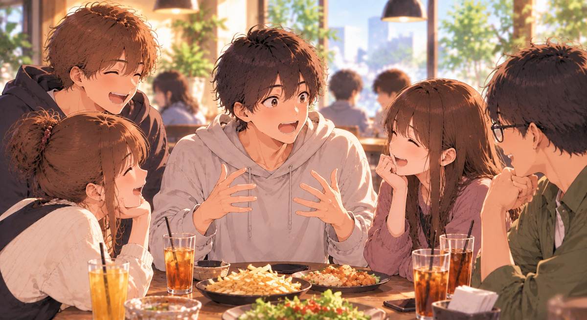 Illustration: friends talk excitedly over food and drinks at a café, the kind of relaxed conversation where まじ fits