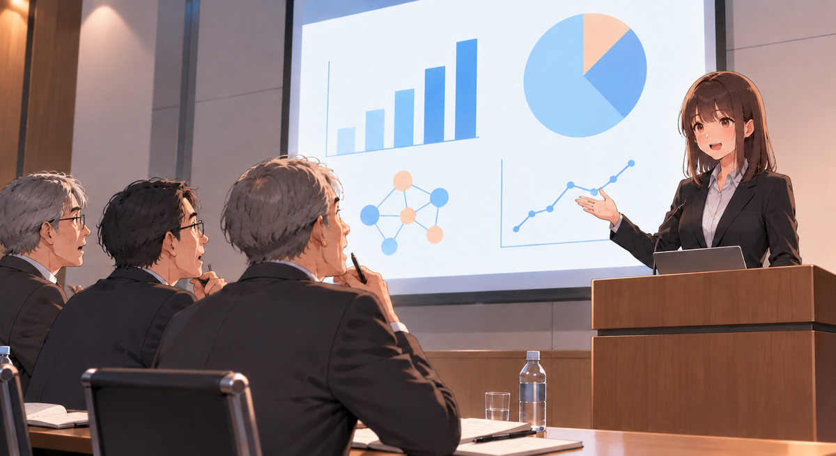 Illustration: a student presents her research enthusiastically while three professors look surprised, a formal setting where casual まじで sounds out of place