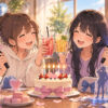 Illustration: two friends celebrate their favorite idol's birthday at a café with a small cake and items in the idol's color, a typical example of 推し活