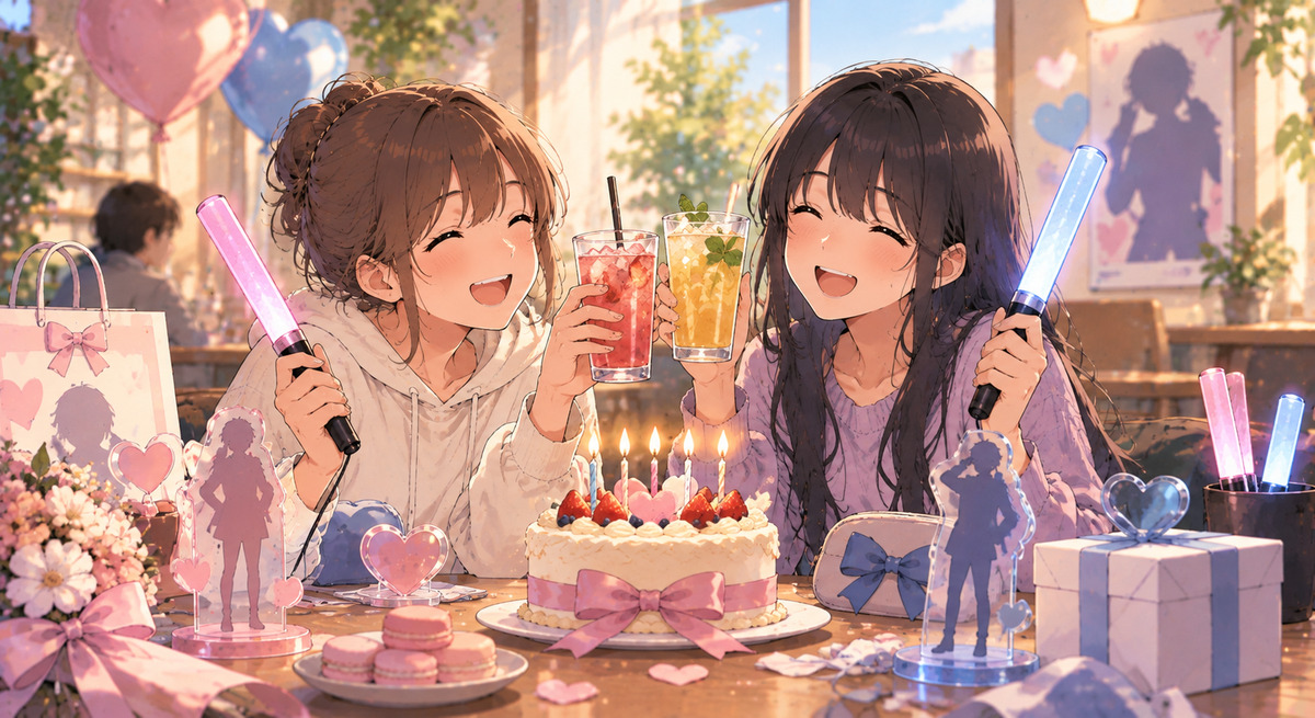 Illustration: two friends celebrate their favorite idol's birthday at a café with a small cake and items in the idol's color, a typical example of 推し活