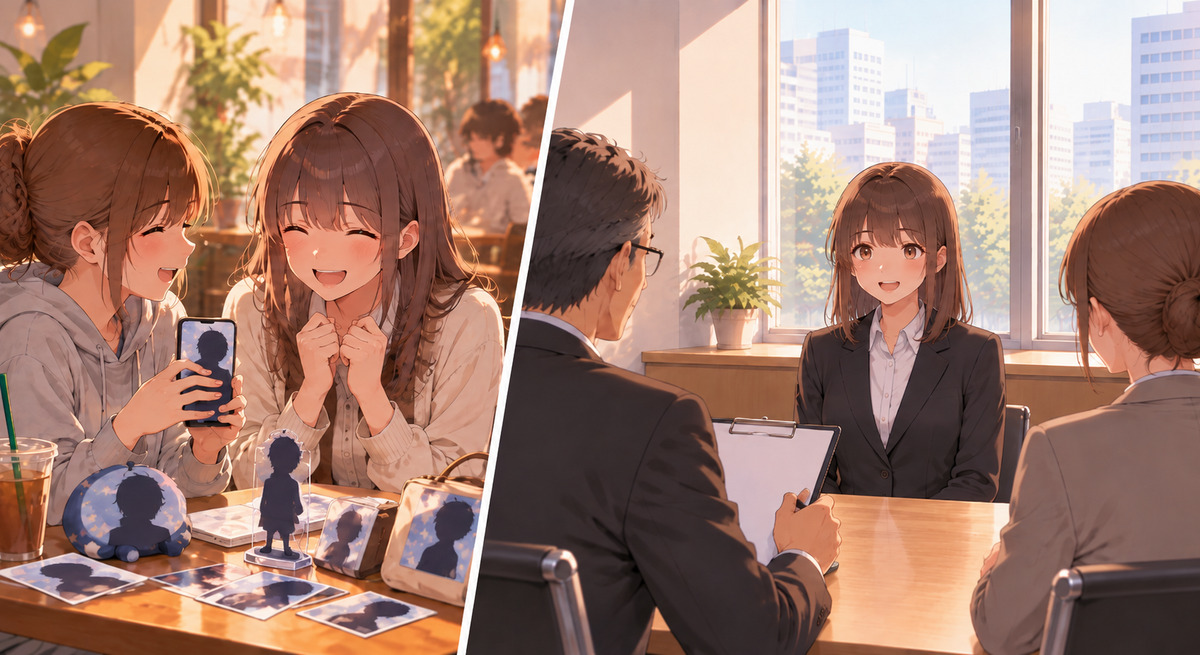 Illustration in two panels: two friends excitedly share fan goods shown only as silhouettes, then a learner talks cheerfully in a formal job interview