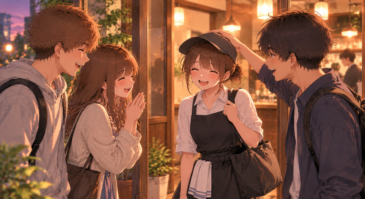 Illustration: friends cheer a part-time worker in an apron as she finishes her shift outside the shop, a natural moment for a casual お疲れ